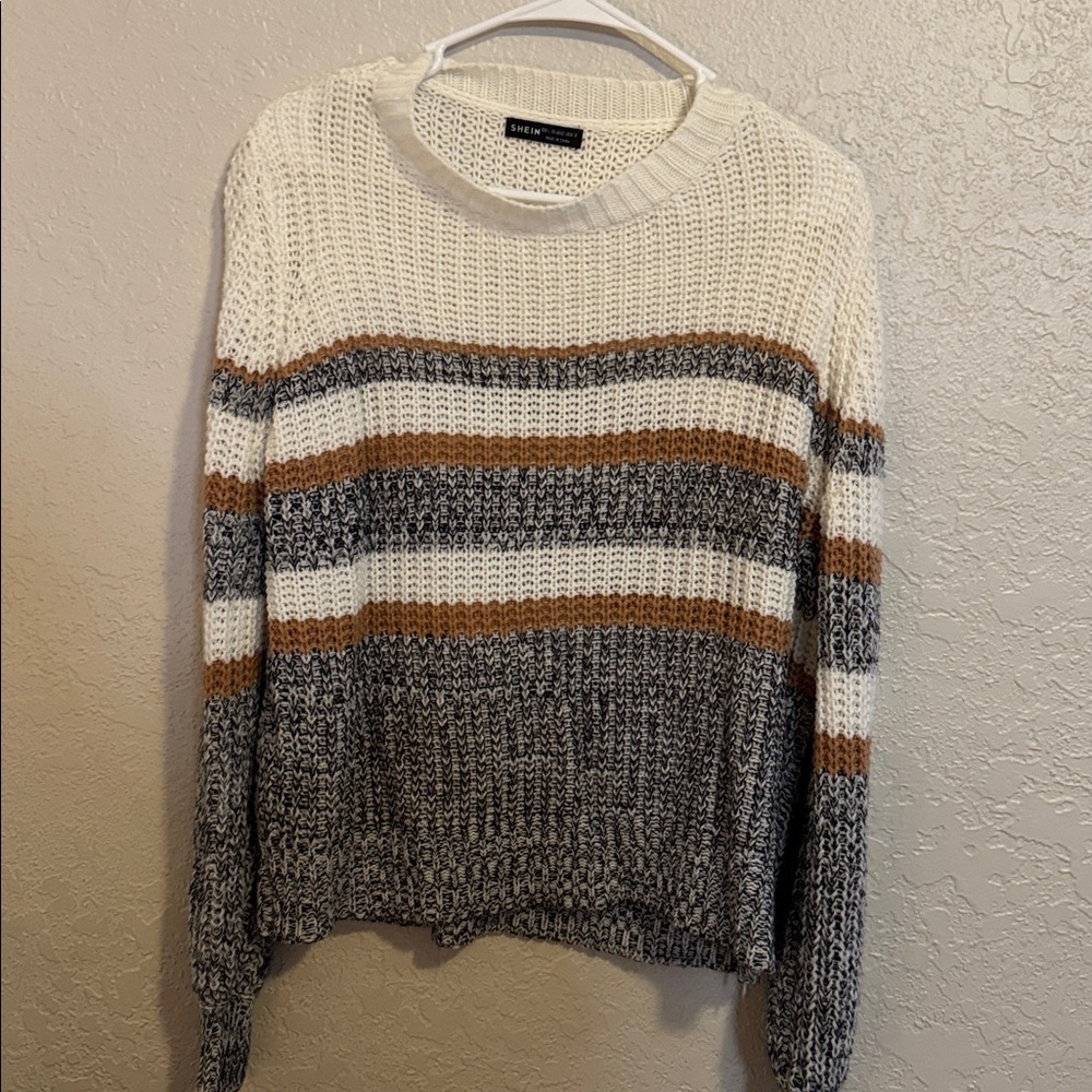 Striped Knit Sweater in Cream, Brown, and Gray
